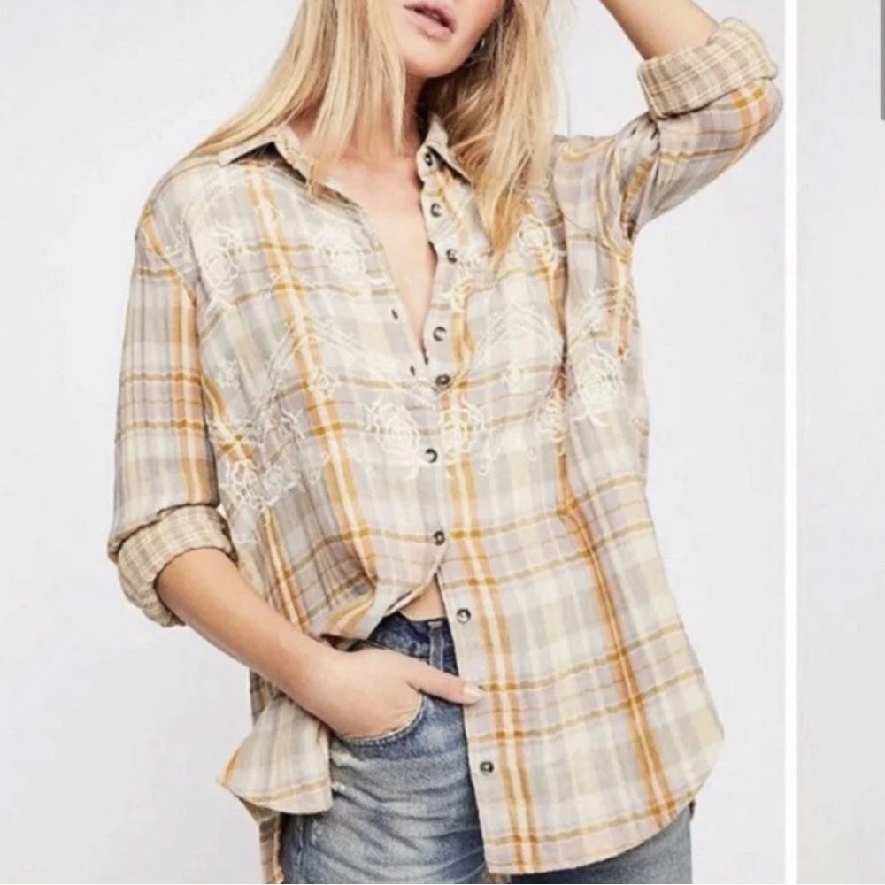 Free People Plaid Button-Up Shirt with Embroidered Details